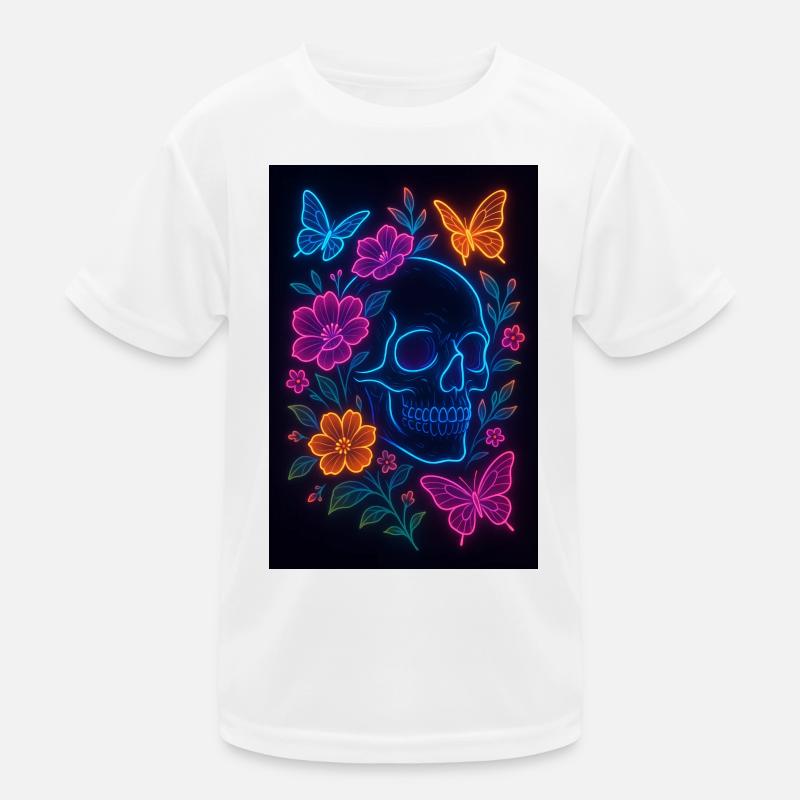 Neon Schädel mit Blumen und Schmetterlingen Kinder Funktions-T-Shirt