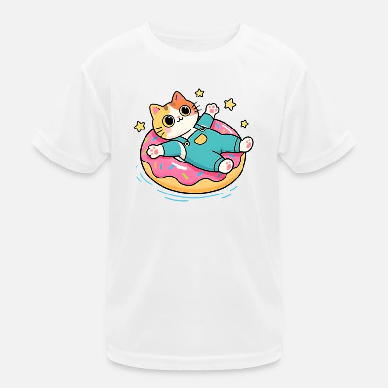 Katze auf pastellfarbenem schwebendem Donut Kinder Funktions-T-Shirt