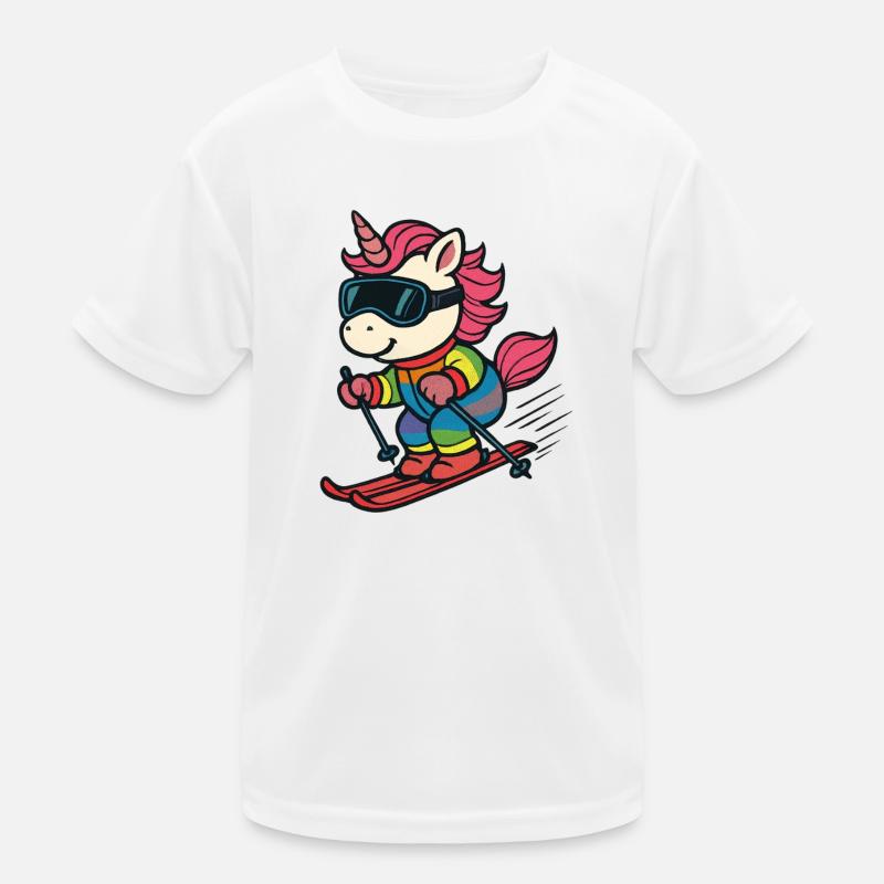 süßes Ski-Einhorn im Regenbogenanzug Kinder Funktions-T-Shirt