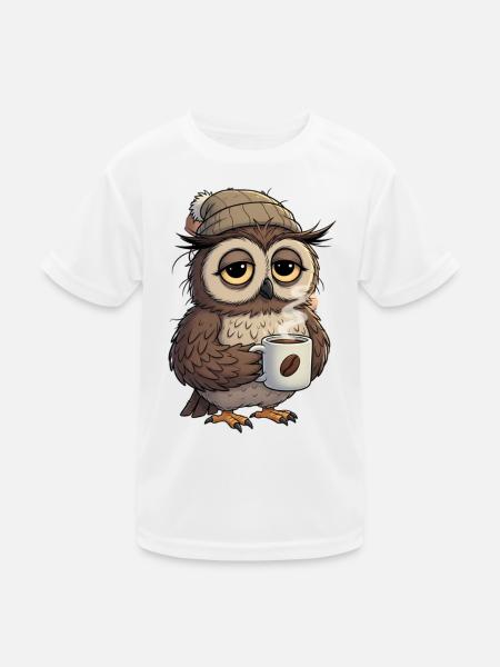 Verschlafene Eule Mit Kaffeetasse Cartoon - Kinder Funktions-T-Shirt - Weiß - Vorne