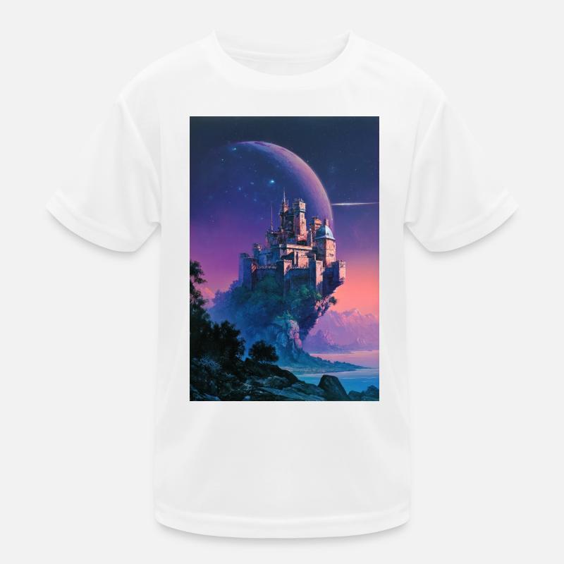 Moonlit Castle Over Nebula Isle Kids Functional T-Shirt