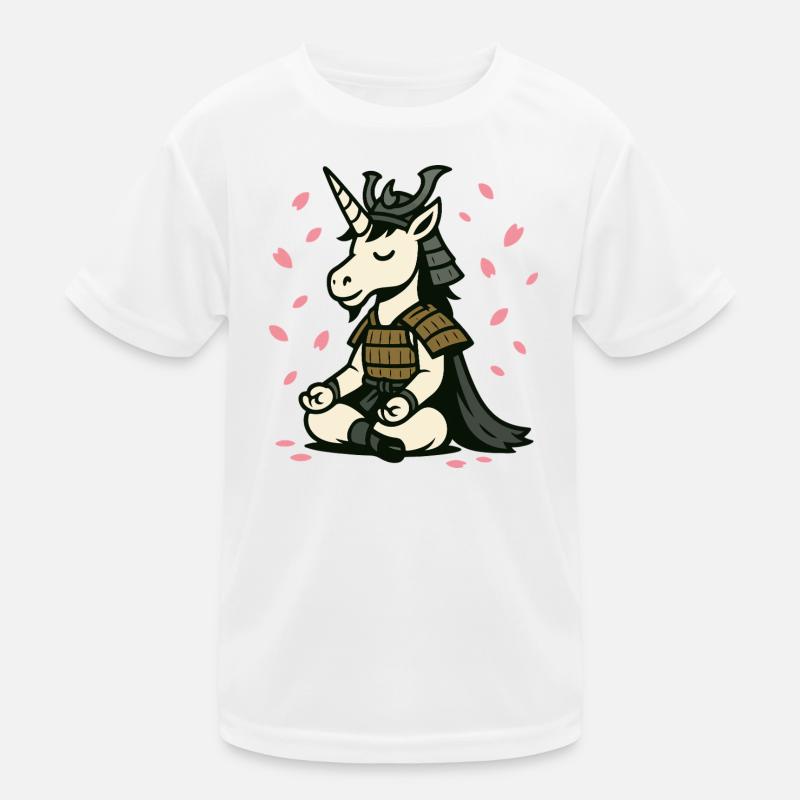 Meditating Samurai Unicorn with Cherry Blossoms Kids Functional T-Shirt