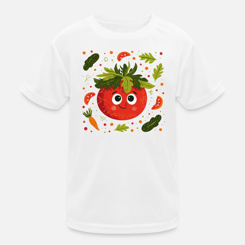 Fröhliche Tomate mit Kräuterkrone Kinder Funktions-T-Shirt