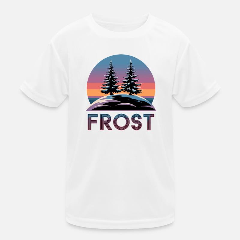 Frost Winter Forest Retro Sunset with Fir Trees Kids Functional T-Shirt