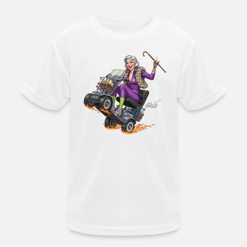 Granny purple on racing mobility scooter Kids Functional T-Shirt