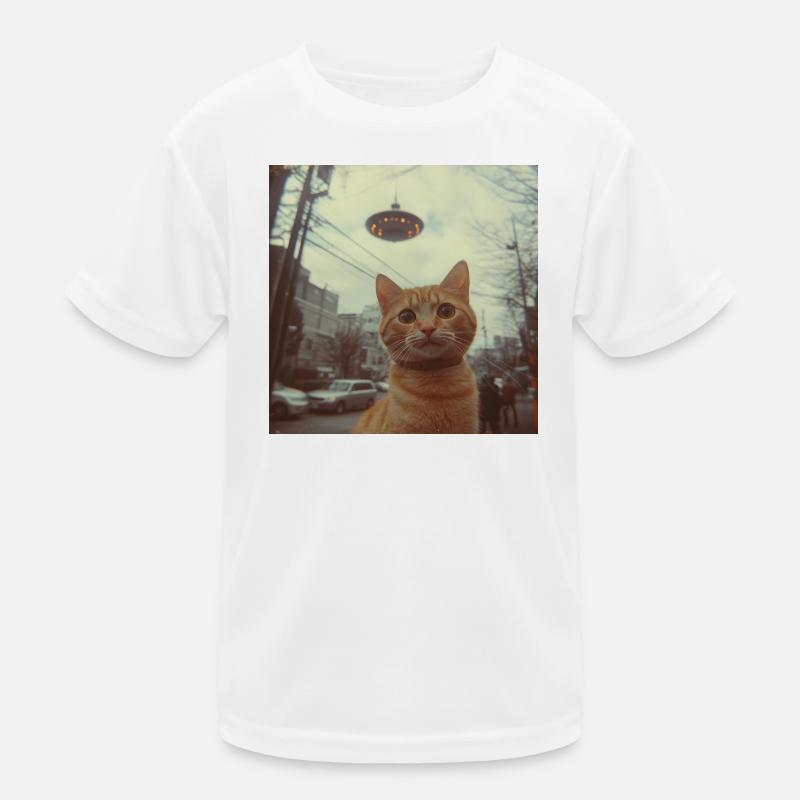 UFO-Katze über Neonstadt Kinder Funktions-T-Shirt