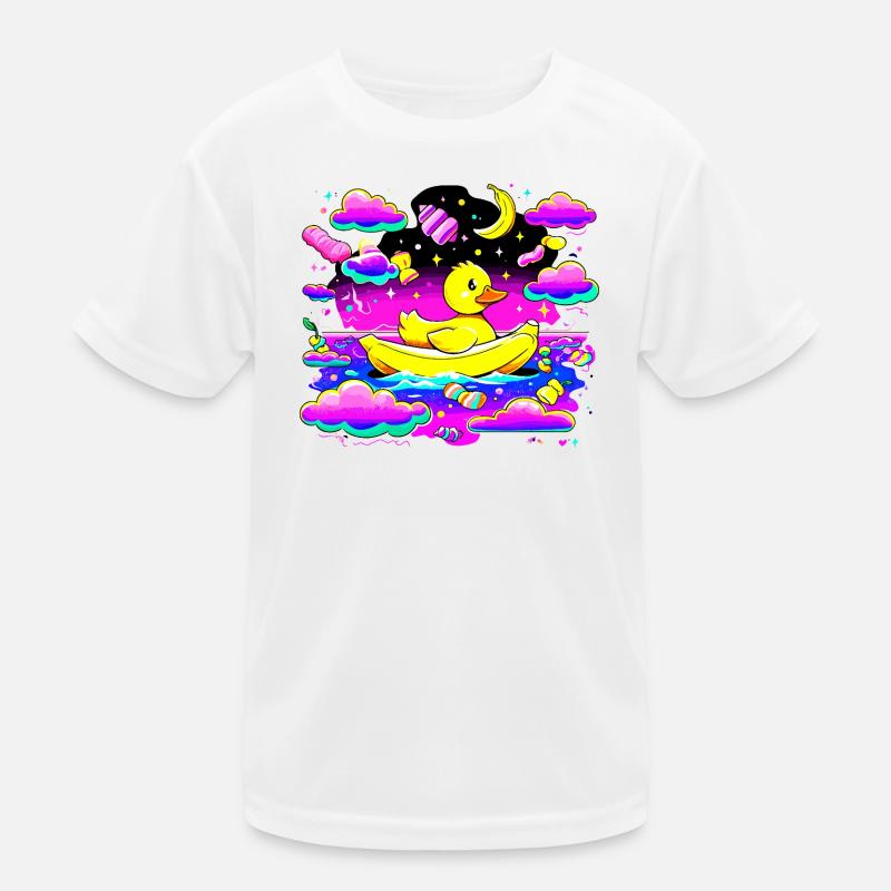 Bunte Quietscheente im Regenbogenboot Kinder Funktions-T-Shirt