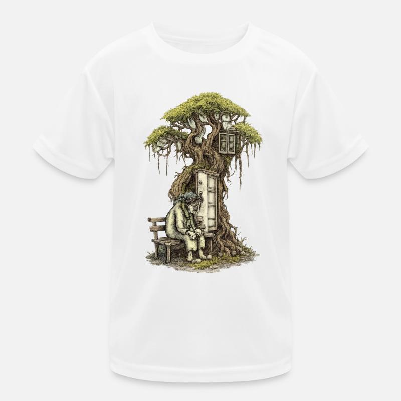 Treehouse poem: Old man squats in front of tree Kids Functional T-Shirt