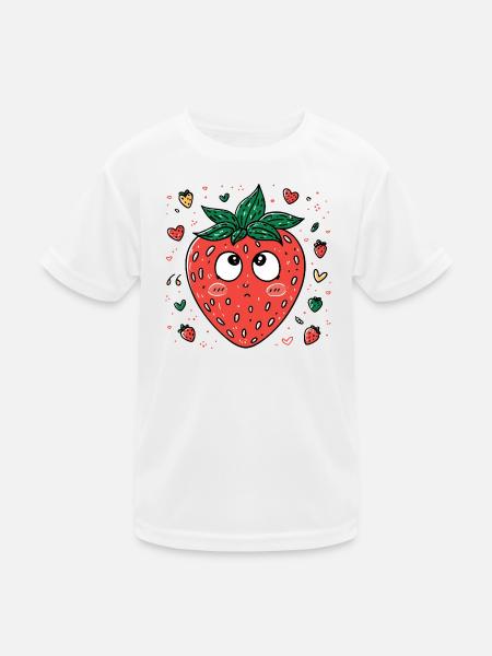Kawaii Erdbeere mit neugierigen Augen - Kinder Funktions-T-Shirt - Weiß - Vorne