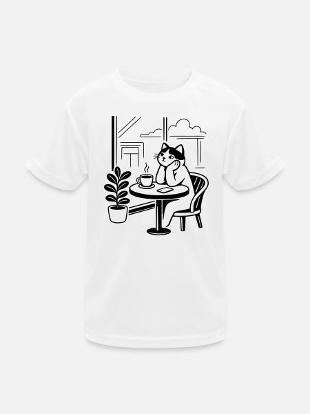Nachdenkliche Katze Café - Kinder Funktions-T-Shirt - Weiß - Vorne
