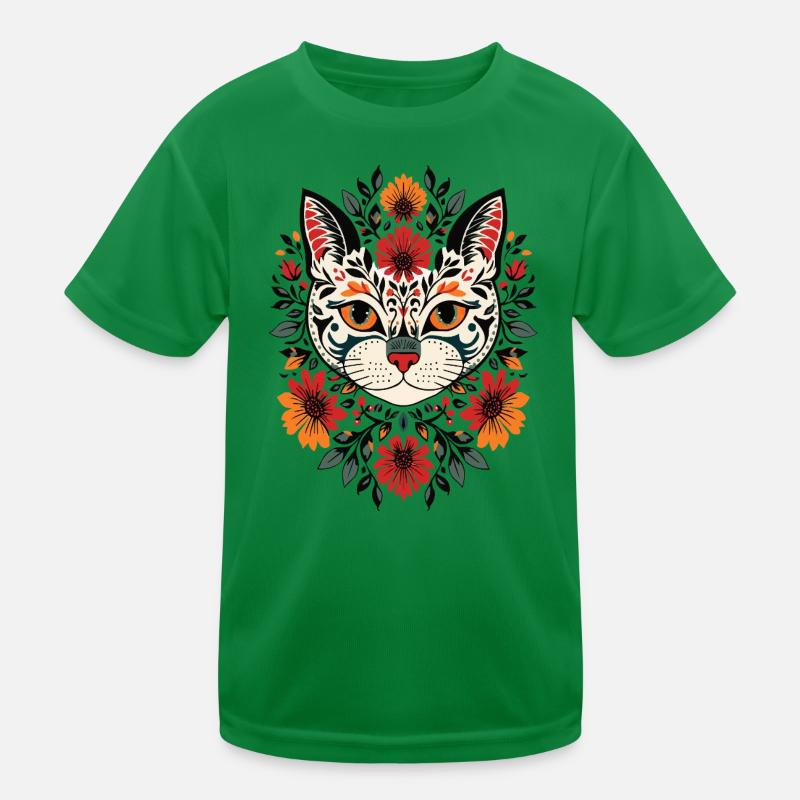 Folkart Cat Head with Flowers Kids Functional T-Shirt