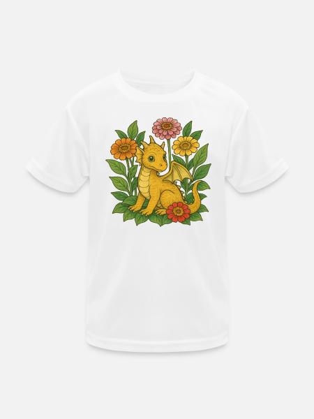 Goldener Drache in Blühen - Kinder Funktions-T-Shirt - Weiß