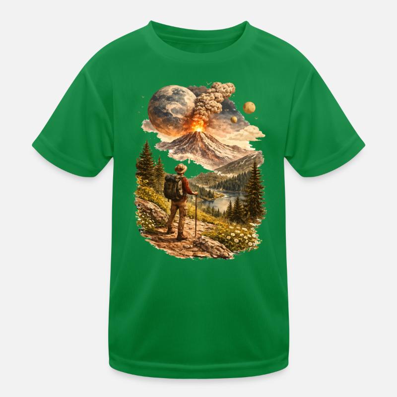 Des randonneurs devant un volcan en éruption et un monde étrange T-shirt sport Enfant