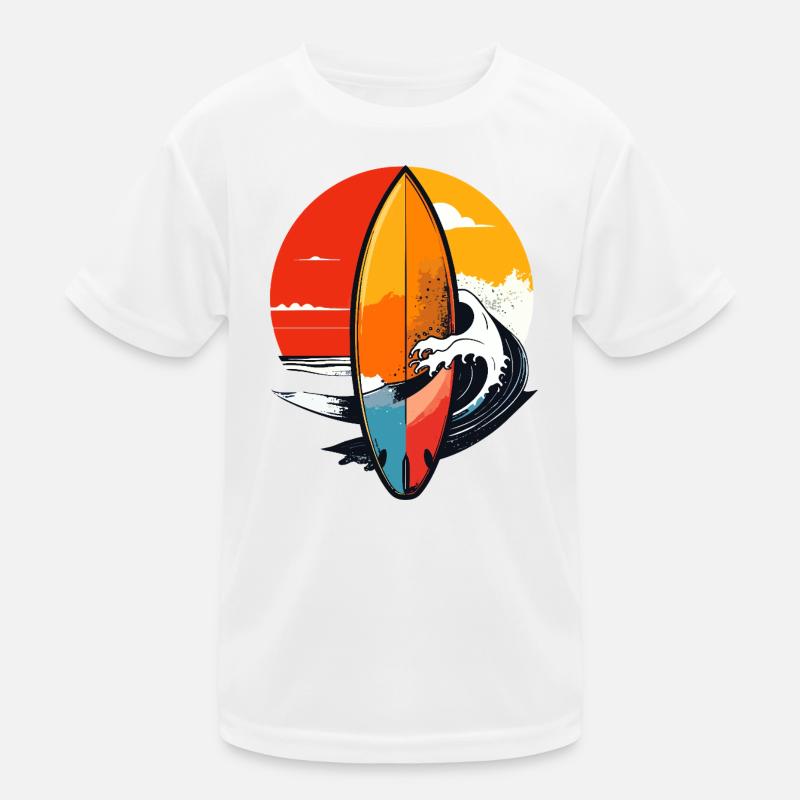 Motif surfeur de vagues rouges de coucher de soleil sur planche de surf T-shirt sport Enfant