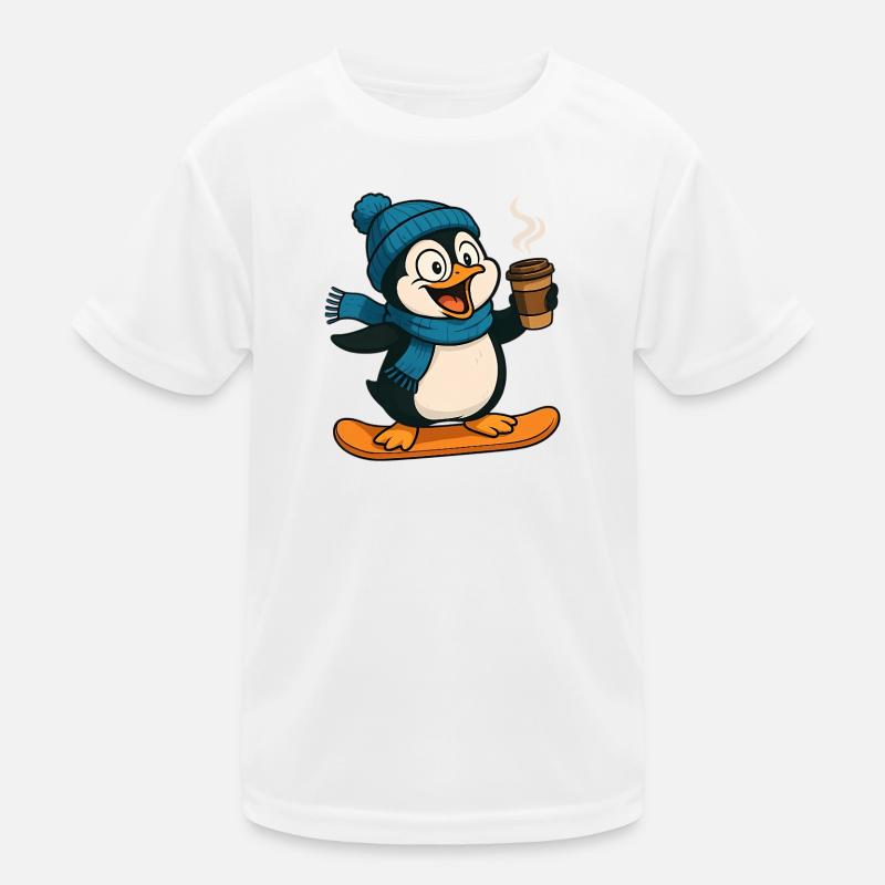 Schneepinguin mit Kaffee und Schal Kinder Funktions-T-Shirt