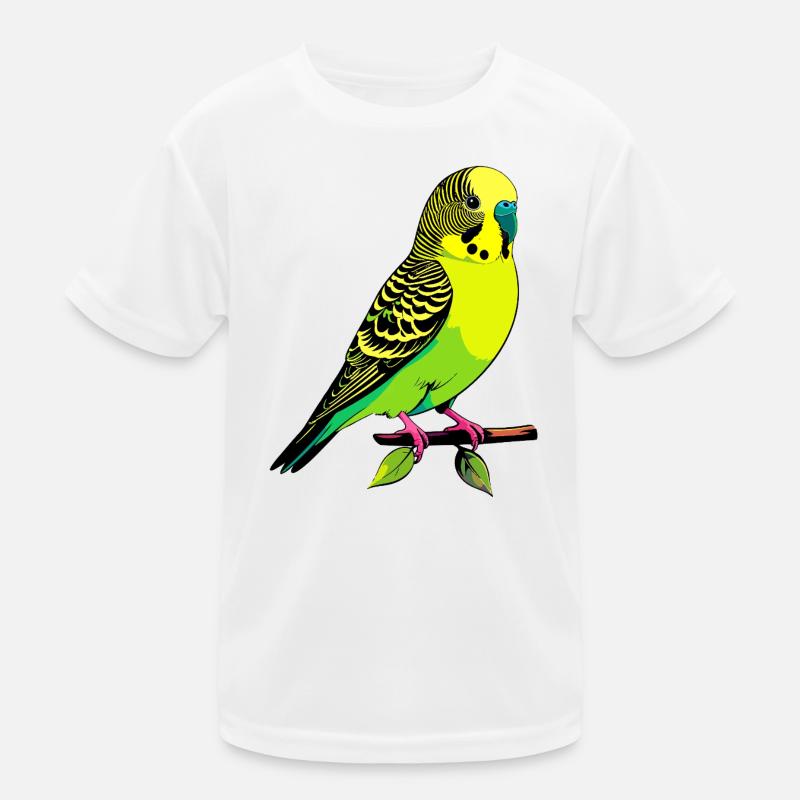 Perruche ondulée jaune-vert néon posée sur une branche T-shirt sport Enfant