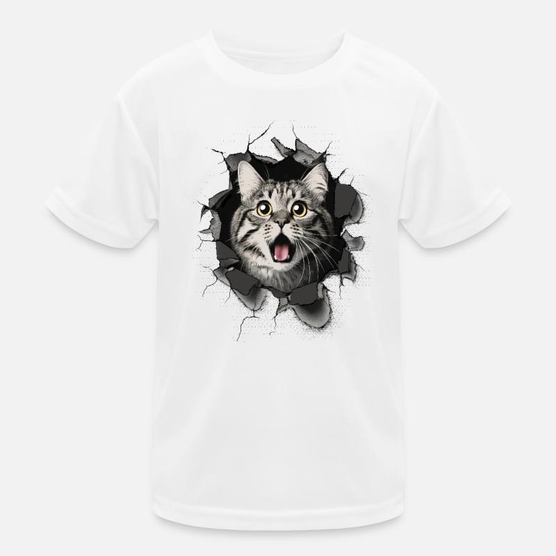 Cat Scared Wall Breakthrough Cracks Kids Functional T-Shirt