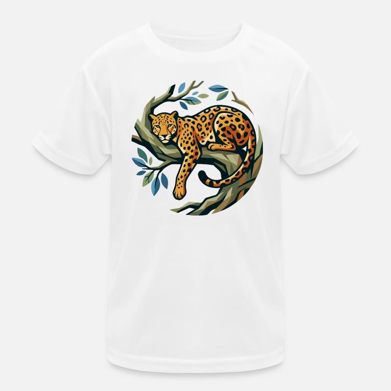 Leopard in a wreath of trees lying on a branch leopard motif Kids Functional T-Shirt