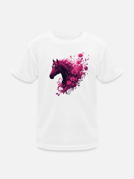 Magenta Pferd mit Blütenwirbel - Kinder Funktions-T-Shirt - Weiß