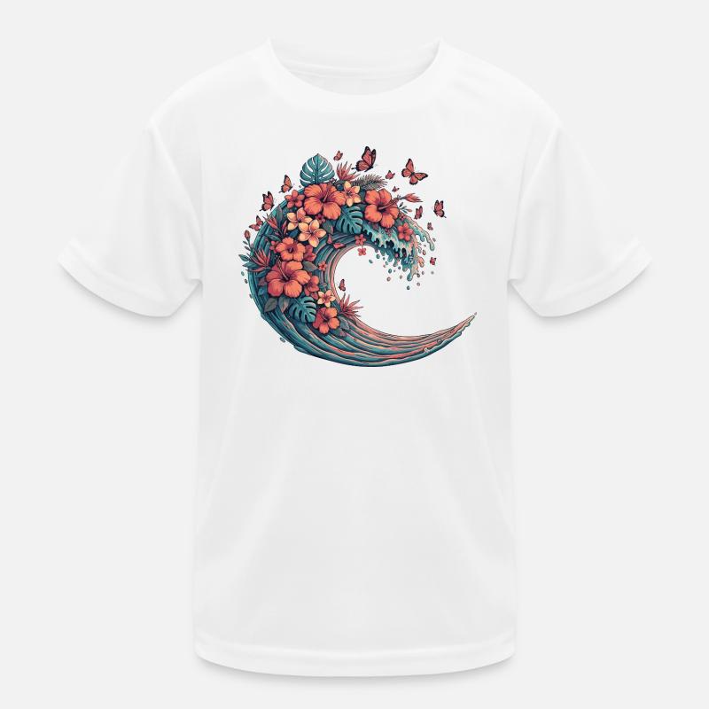 Moon wave with tropical flowers Kids Functional T-Shirt