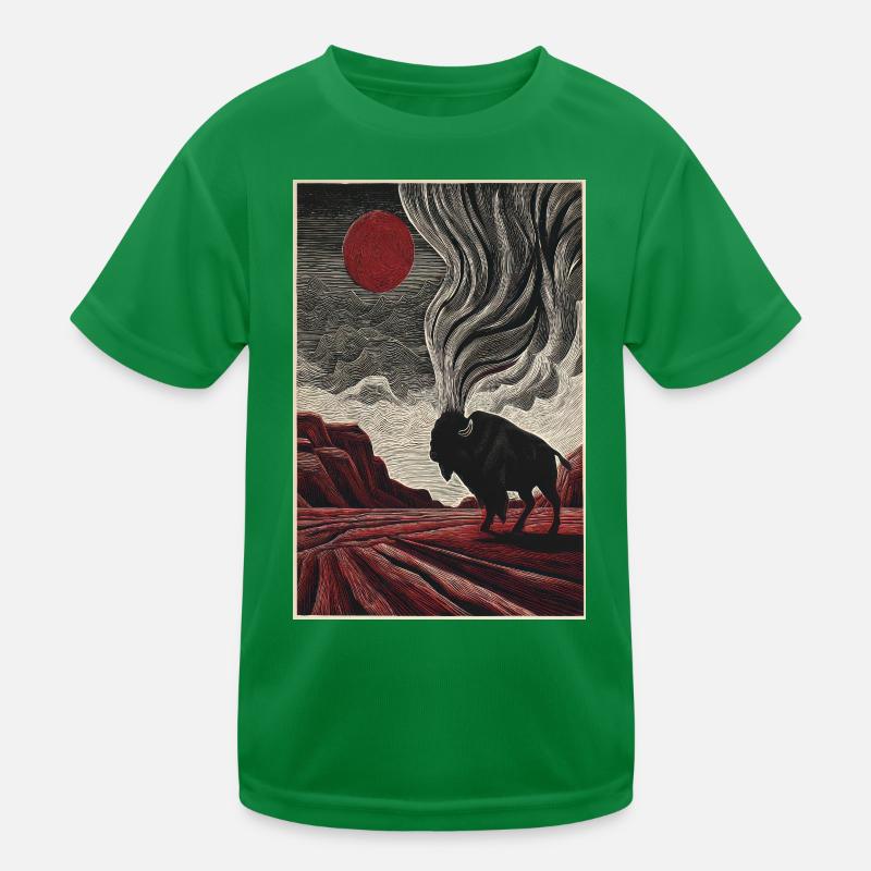 Bison Under Crimson Sun in Etched Landscape Kids Functional T-Shirt