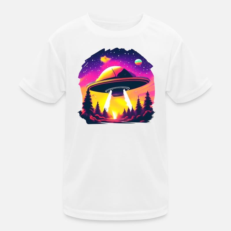 Neon UFO over neon forest Kids Functional T-Shirt