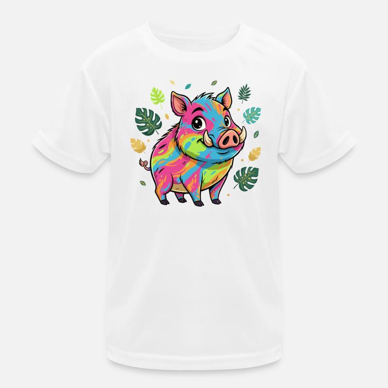 Regenbogen Schwein mit Herbstlaub Kinder Funktions-T-Shirt