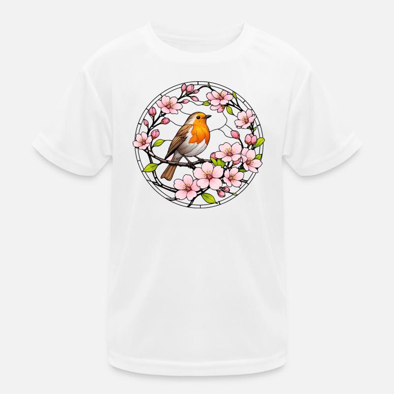 Rotkehlchen mit Kirschblüten Glasfensterstil  Kinder Funktions-T-Shirt