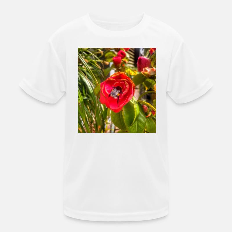 Rosa Rose und Biene im sonnigen Garten Kinder Funktions-T-Shirt