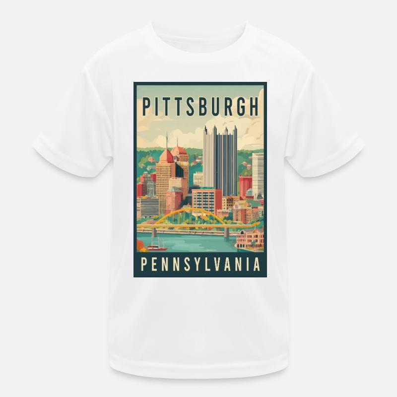 Entdecken Sie die Skyline von Pittsburgh in Pennsylvania Kinder Funktions-T-Shirt