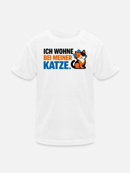Ich wohne bei meiner Katze – Buntes Katzenmotiv mi - Kinder Funktions-T-Shirt - Weiß - Vorne