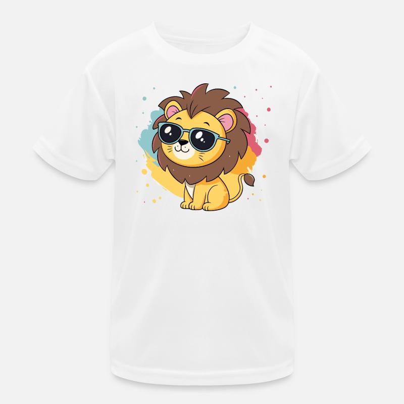 Bunter Löwe mit Brille Kinder Funktions-T-Shirt