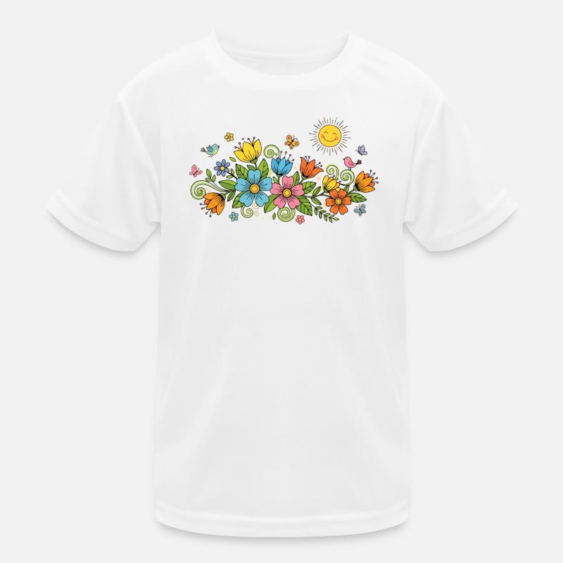Wilder Blumengarten mit fröhlich strahlender Sonne Kinder Funktions-T-Shirt