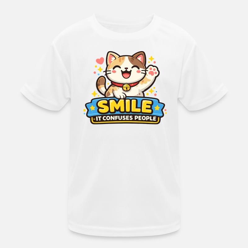 Lächelnde Katze Verwirrt Menschen Kinder Funktions-T-Shirt