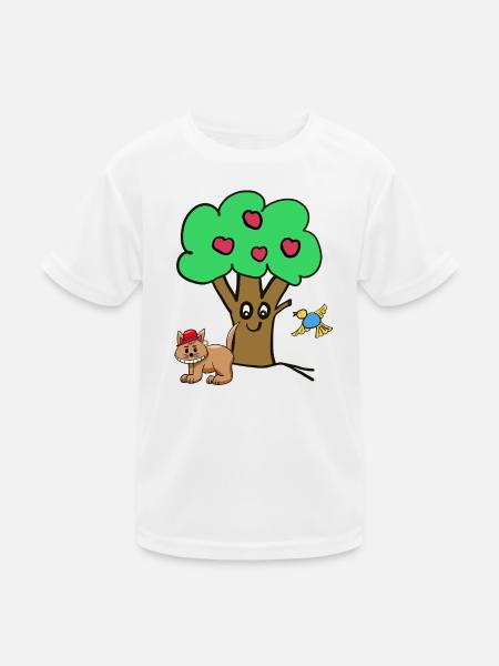 Apfelbaum Katze Vogel Kinder Garten Natur - Kinder Funktions-T-Shirt - Weiß - Vorne