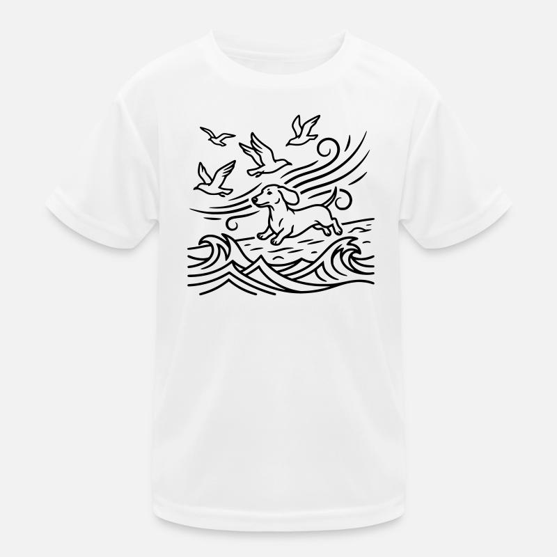 Dachshund on the beach Seagulls Waves Sea Moin Kids Functional T-Shirt
