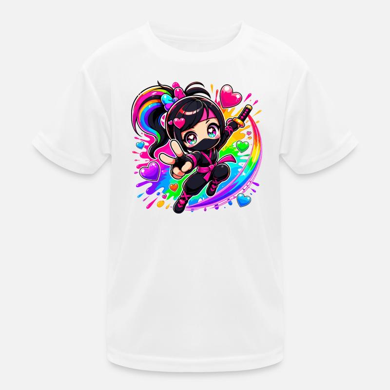 Regenbogen Ninja mit Herzen Kinder Funktions-T-Shirt