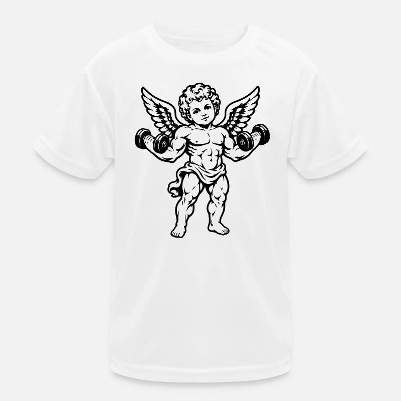 Strong cherub exercising with dumbbells Kids Functional T-Shirt