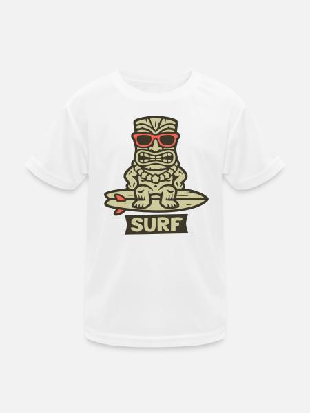 Tiki Figur Surfbrett Surfen Hawaii Strandbar - Kinder Funktions-T-Shirt - Weiß - Vorne