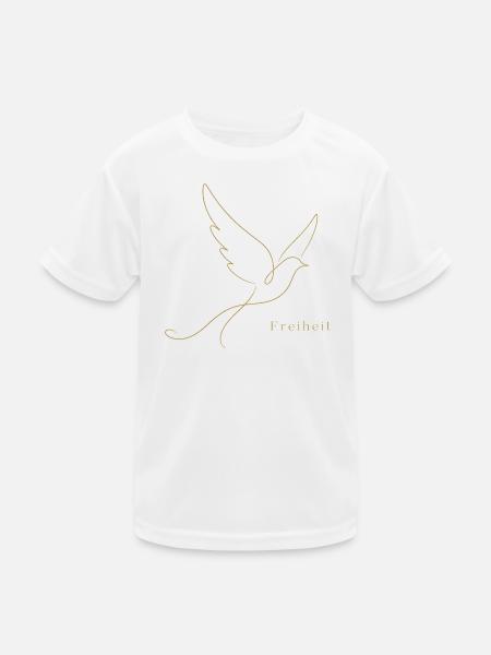 Goldene Freiheit – Filigrane Buchstaben & Taube - Kinder Funktions-T-Shirt - Weiß - Vorne
