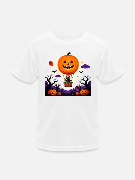 Kürbisballon-Katzen-Halloween-Szene - Kinder Funktions-T-Shirt - Weiß - Vorne