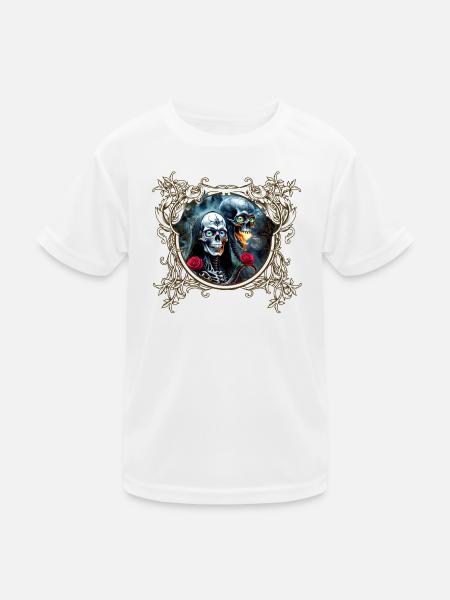 Totenkopf und Rosen: Gotische Kunst - Kinder Funktions-T-Shirt - Weiß - Vorne