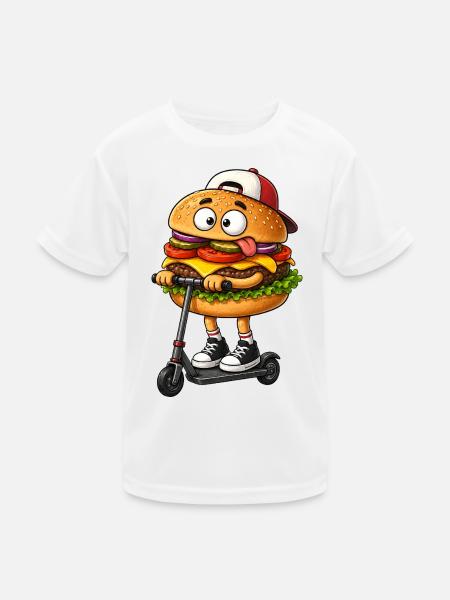 Funny Cartoon Scooter Scooter with Burger - Kids Functional T-Shirt - white - Front