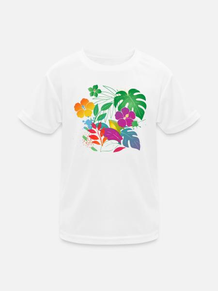 Tropische Blumen und Blätter Design - Kinder Funktions-T-Shirt - Weiß - Vorne