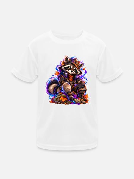 Neon-Waschbär mit Herbstlaub - Kinder Funktions-T-Shirt - Weiß