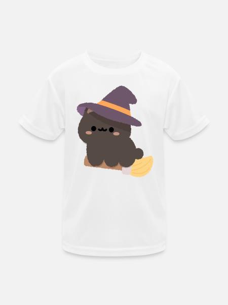 Kawaii-Hexenpudding auf einem Besen - Kinder Funktions-T-Shirt - Weiß