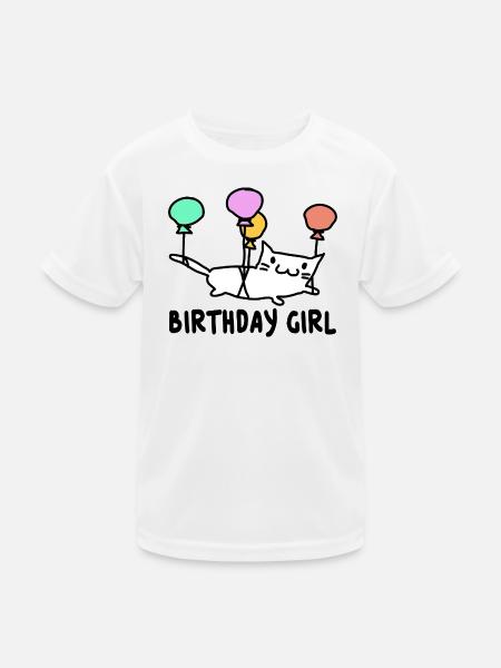 Katze mit Ballons Birthday Girl Geschenk - Kinder Funktions-T-Shirt - Weiß - Vorne