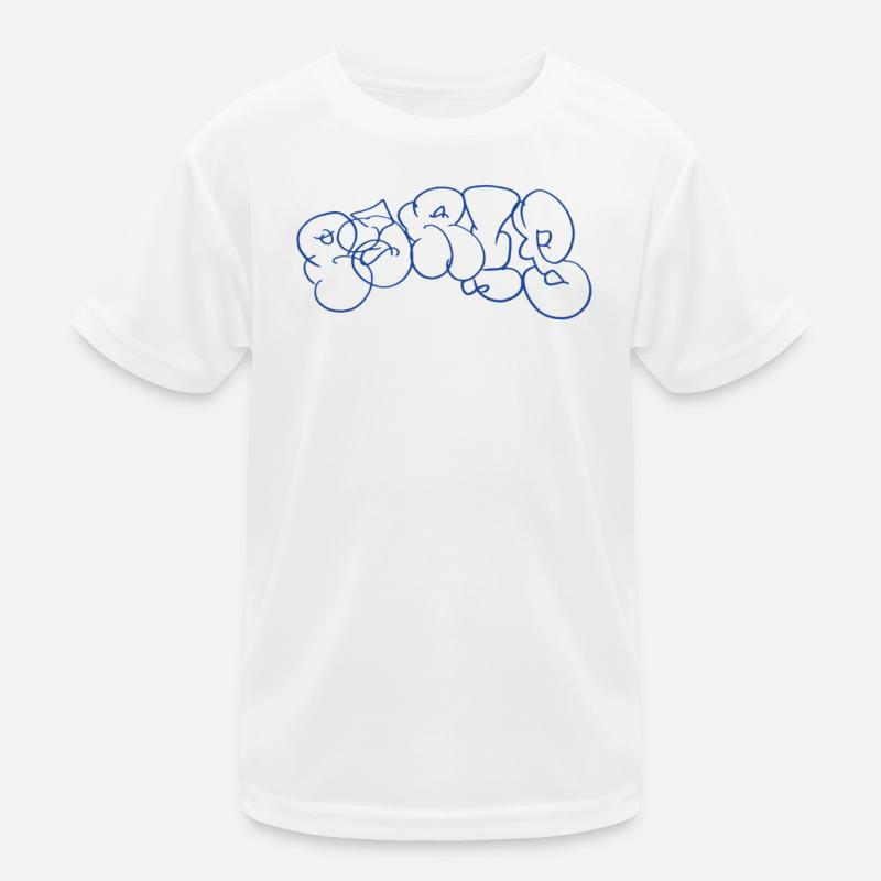 Blauer Graffiti Schriftzug im Paris Style Kinder Funktions-T-Shirt