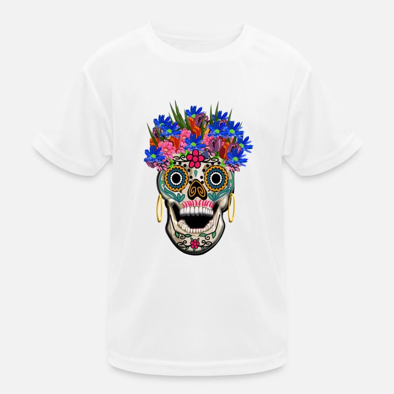 Skull decorated with flowers, selenium / Muertos day Kids Functional T-Shirt