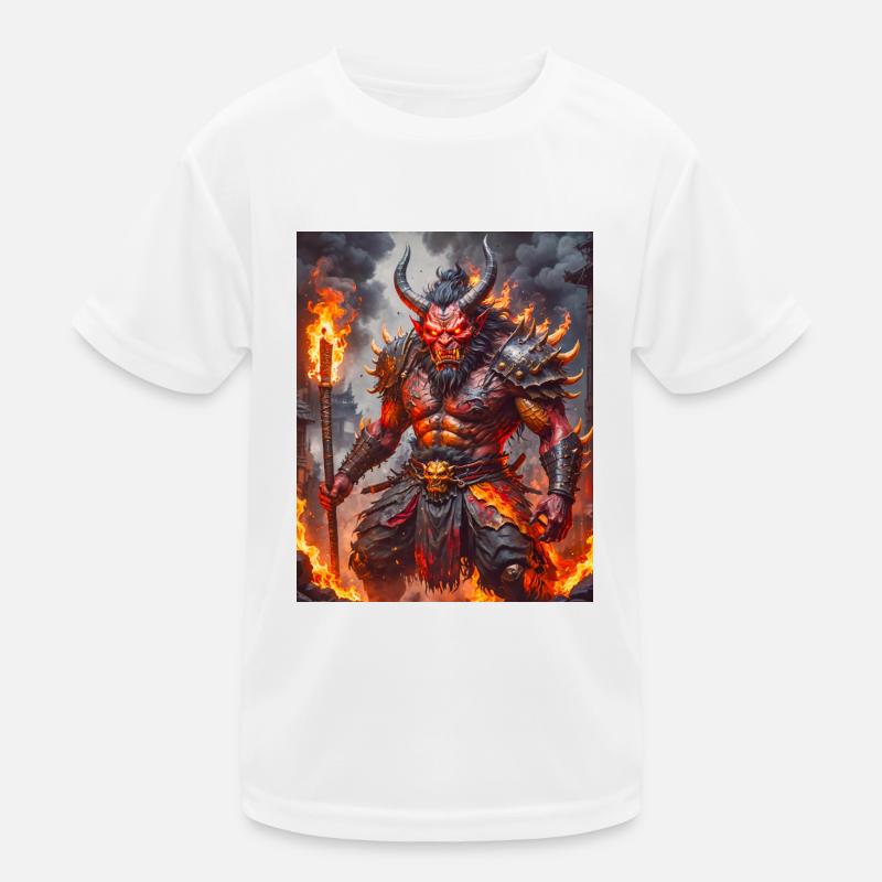 Grimmiger rothäutiger Oni schwingt eiserne Keule inmitten von Kinder Funktions-T-Shirt